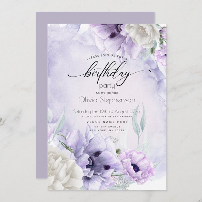 Birthday Party Watercolor Lilac Poppy Invitation (Front/Back)