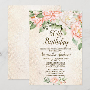 Birthday Party Watercolor Peach White Flowers Invitation