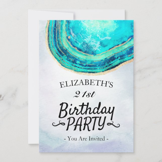 Birthday Party Watercolor Teal & Gold Agate Geode Invitation (Front)