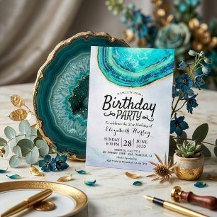 Birthday Party Watercolor Teal & Gold Agate Geode Invitation