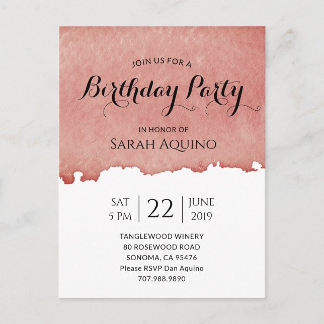 Birthday Party Watercolor Wine Stain Winery Invitation Postcard (Front)