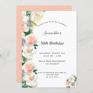 Birthday party watercolored florals white coral invitation
