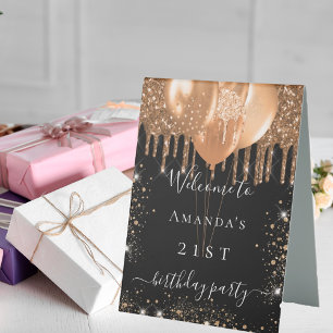 Birthday party welcome black gold glitter drips