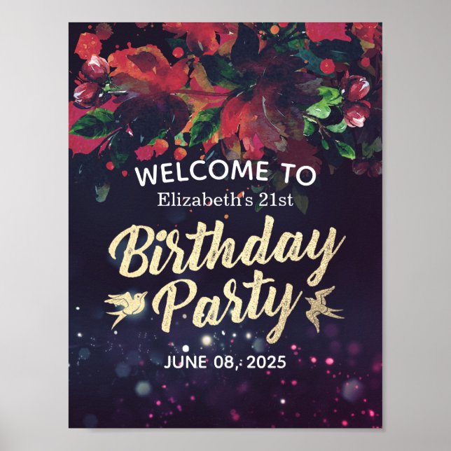 Birthday Party Welcome Marsala Floral Purple Light Poster (Front)