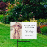 Birthday party white black woman photo garden sign<br><div class="desc">Celebrating a 21st (or any age) milestone birthday for a girl/woman.  An elegant modern white background. Personalise and add your own photo of the birthday girl.  The text: The name in black with a modern hand lettered style script. Personalise and add a name,  age 21 and a date.</div>