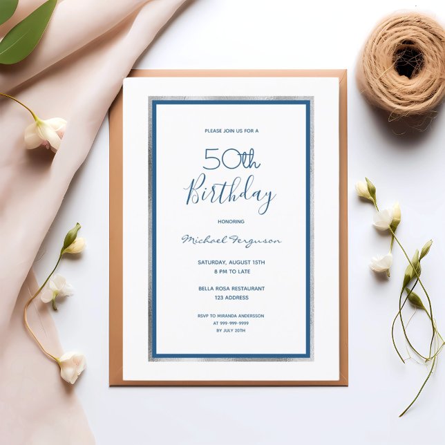 Birthday party white blue silver minimalist invitation (Creator Uploaded)