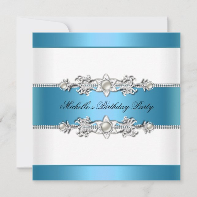 Birthday Party White Blue Teal Pearl Jewel Invitation (Front)