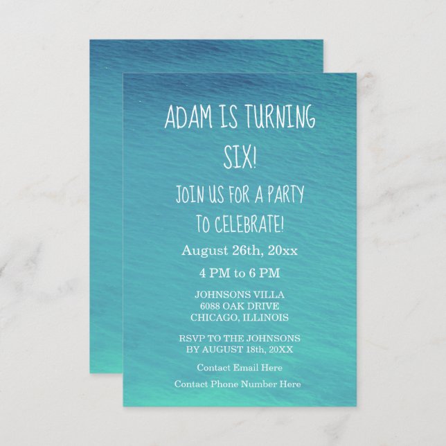 Birthday Party White Blue Water Custom Age 2024 Invitation (Front/Back)