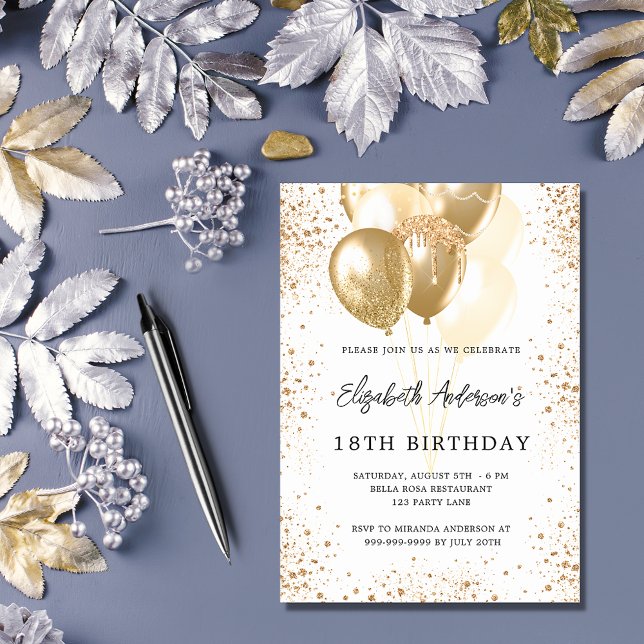 Birthday party white gold glitter balloons invitation postcard (Creator Uploaded)