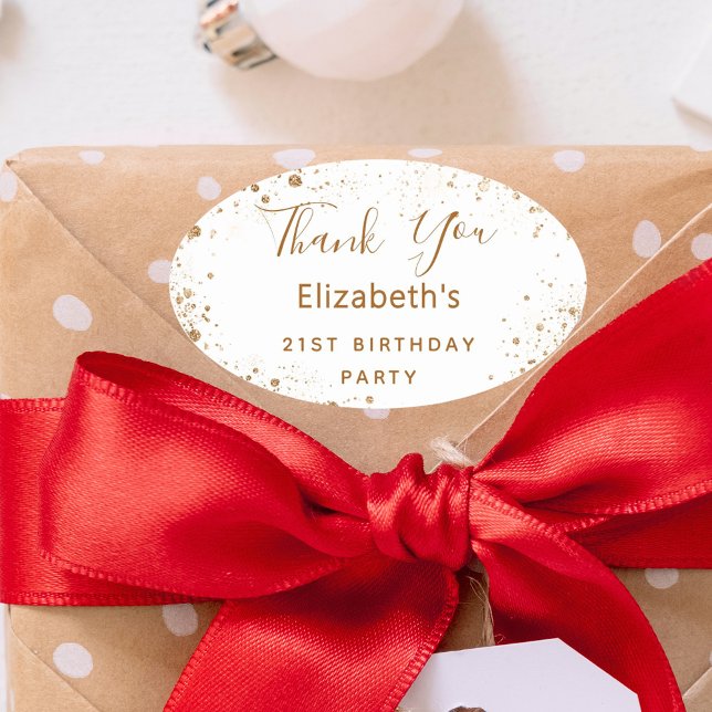 Birthday Party white gold glitter name Thank You Oval Sticker (Creator Uploaded)