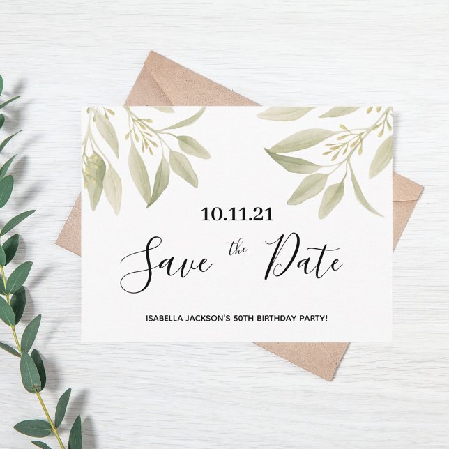 Birthday party white green botanical save the date postcard (Creator Uploaded)