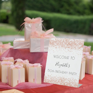 Birthday party white rose gold glitter welcome pedestal sign
