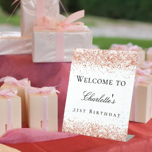 Birthday party white rose gold glitter welcome pedestal sign