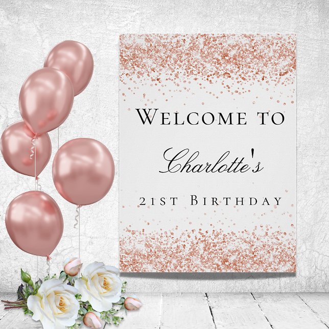 Birthday party white rose gold glitter welcome poster (Creator Uploaded)