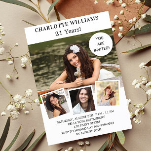 Birthday party white rose gold photo collage invitation postcard