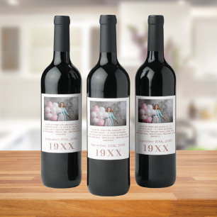 Birthday party white rose gold year born photo bio wine label