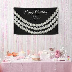 Birthday Party White String of Pearls On Black Banner
