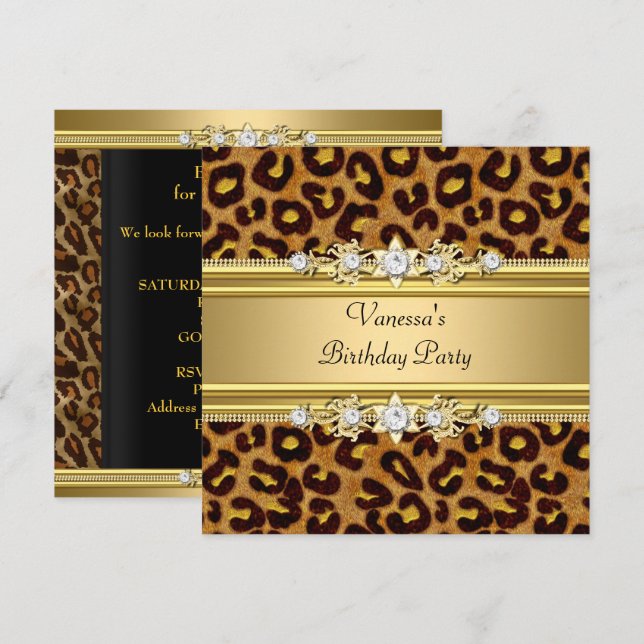 Birthday Party Wild Animal Print Gold Black Invitation (Front/Back)