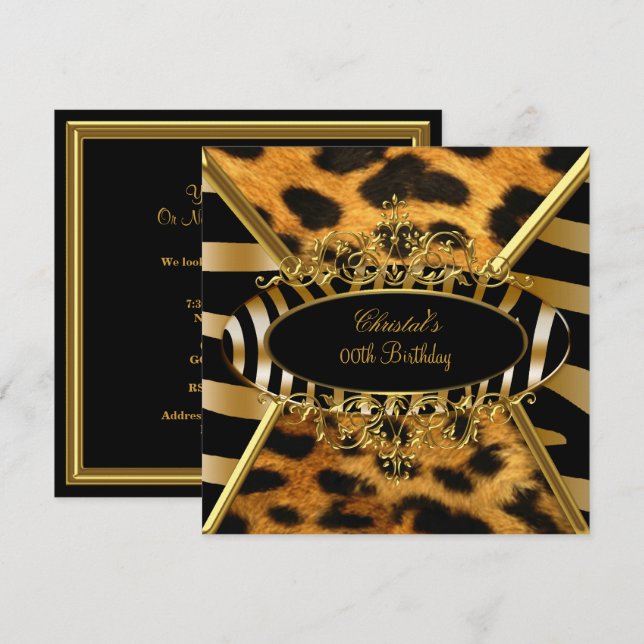 Birthday Party Wild Gold Black Zebra Leopard Invitation (Front/Back)