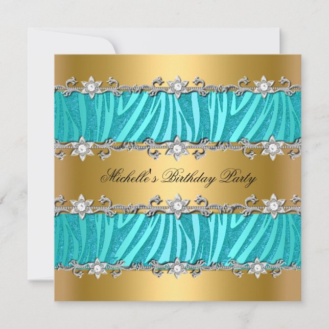 Birthday Party Wild Teal Zebra Gold Diamond Invitation (Front)