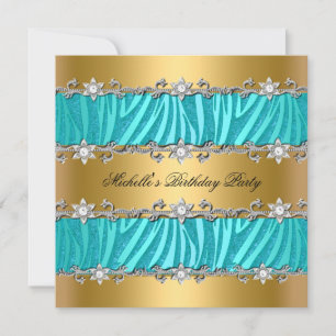 Birthday Party Wild Teal Zebra Gold Diamond Invitation
