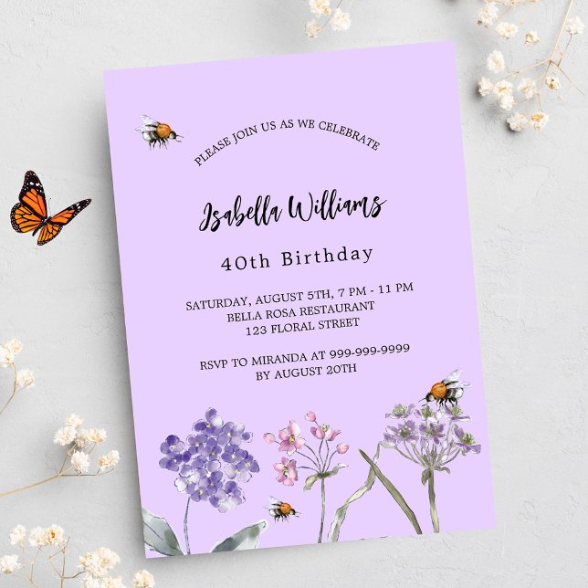 Birthday party wildflowers violet pink bee luxury invitation (Creator Uploaded)