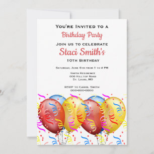 Birthday Party with Balloons Girl 10  Invitation