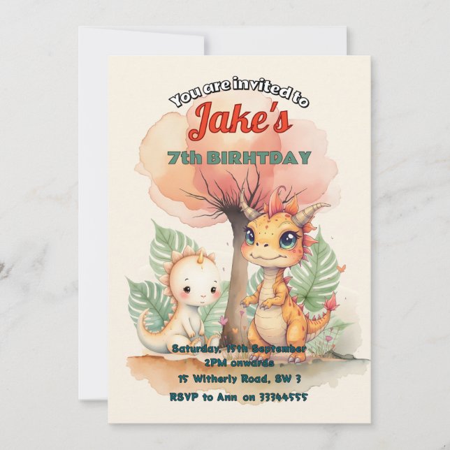 Birthday party with cute dinosaurs invitation (Front)