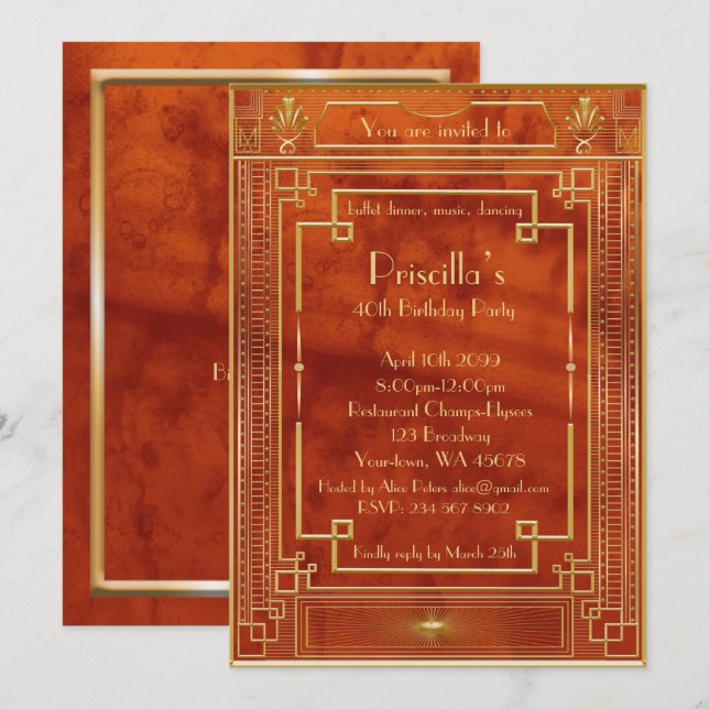 Birthday Party woman, gold Gatsby style Invitation (Front/Back)