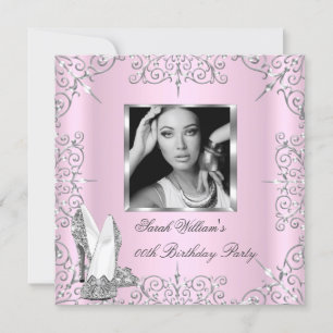 Birthday Party Women's Pink Silver Heels Photo Invitation