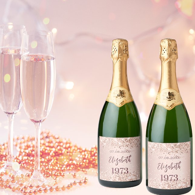 Birthday party year rose gold confetti sparkling wine label (Creator Uploaded)