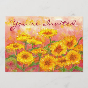 Birthday Party Yellow Marigold Watercolor Flowers Invitation
