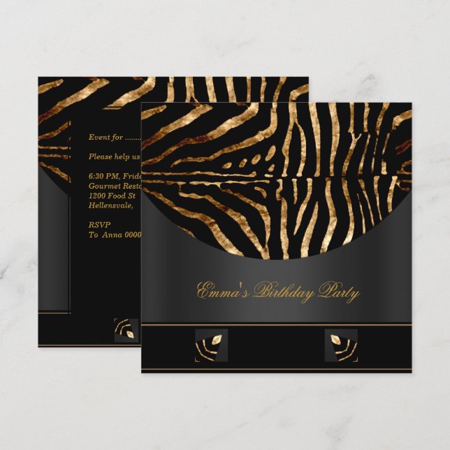 Birthday Party Zebra Black Gold Africa Wild 2 Invitation (Front/Back)