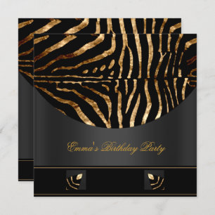 Birthday Party Zebra Black Gold Africa Wild 2 Invitation