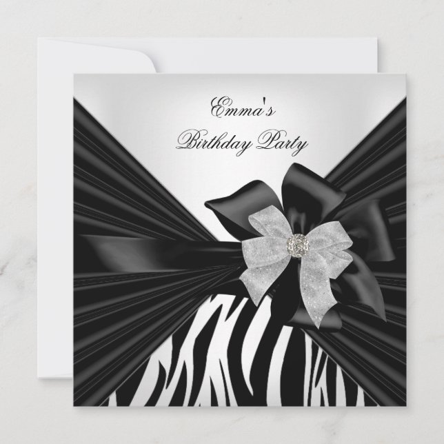 Birthday Party Zebra Elegant Black white Invitation (Front)