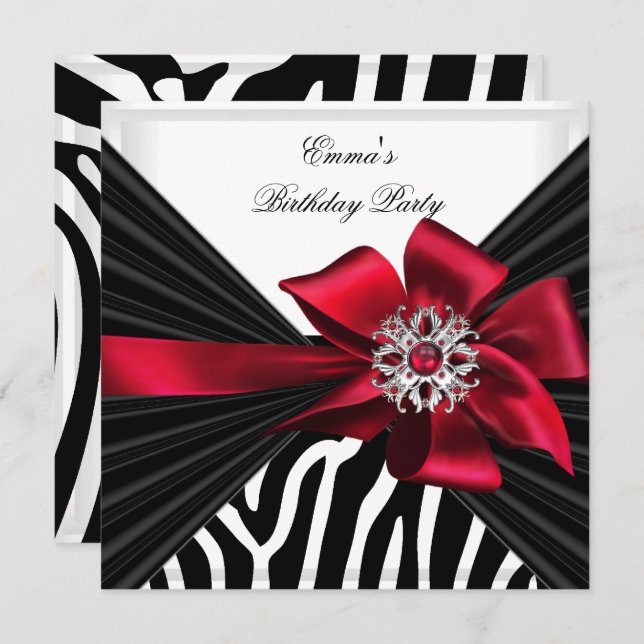 Birthday Party Zebra Elegant Red Black White Invitation (Front/Back)
