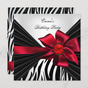 Birthday Party Zebra Elegant Red Black White Invitation