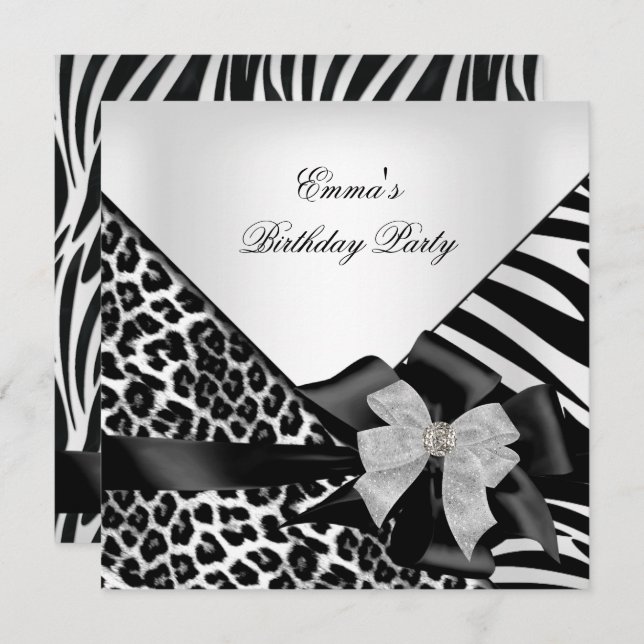 Birthday Party Zebra Leopard Elegant Black white Invitation (Front/Back)