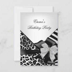 Birthday Party Zebra Leopard Elegant Black white Invitation