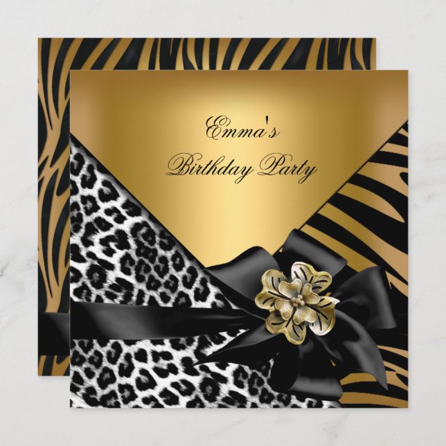 Birthday Party Zebra Leopard Gold Elegant Invitation (Front/Back)
