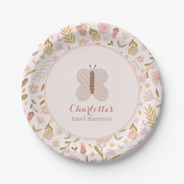 Birthday Pastel Pink Wildflowers with Butterfly  Paper Plate (Front)