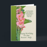 Birthday, Pastor's Wife, Pink Gladiolus Card<br><div class="desc">These pink gladiolus are a perfect way to say "happy birthday to a special pastor minister's wife.  Feel free to change the inside of the card to suit your needs.</div>