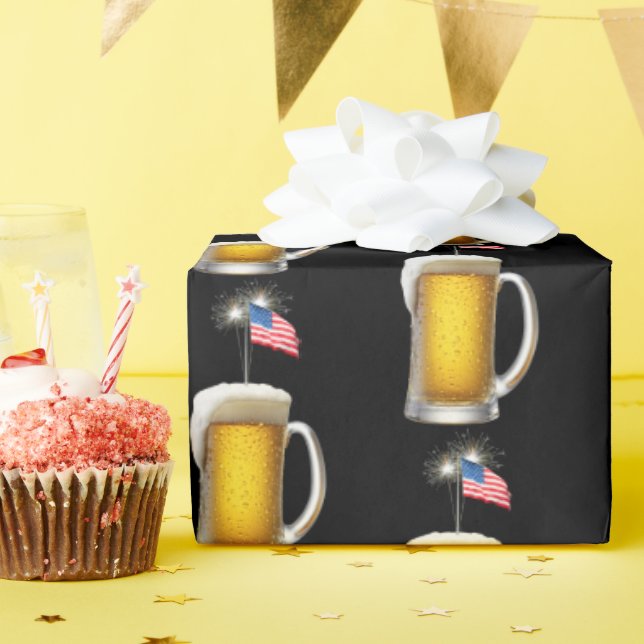 Birthday Patriotic Beer with Flag and Sparklers Wrapping Paper (Birthday Party)