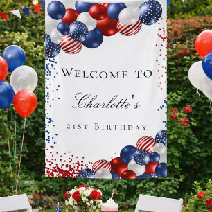 Birthday patriotic red white blue balloons welcome banner