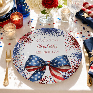 Birthday patriotic USA red white blue flag bow Paper Plate