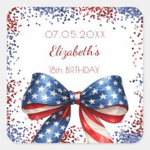 Birthday patriotic USA red white blue flag bow Square Sticker