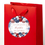 Birthday patriotic USA red white blue flag Classic Round Sticker<br><div class="desc">A sticker for a 18th (or any age)  birthday party. White background. Decorated with patriotic coloured  balloons in red blue and white. Blue and red sparkles. Personalise and add a date,  name and age.</div>