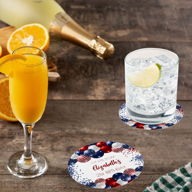 Birthday patriotic USA red white blue flag Round Paper Coaster (Creator Uploaded)