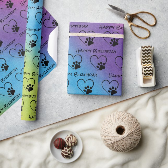 Birthday Paw Print with Hearts On Rainbow Wrapping Paper (Crafts)