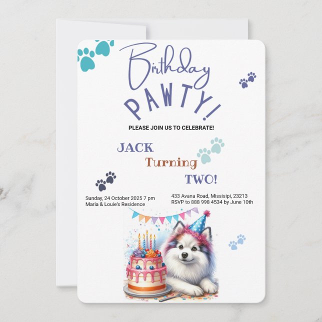 Birthday Pawty American Eskimo Dog Birthday Invitation (Front)